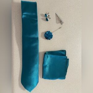 DiBanGu Teal Silk Tie Set Cufflinks Lapel Pin